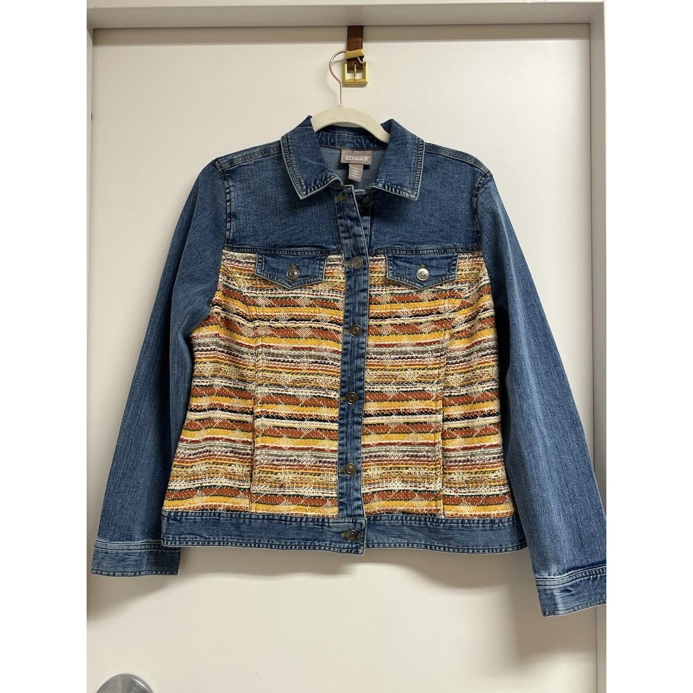 Chicos Woven Striped Mixed Media Denim Jacket Multi Color Trucker Blue Womens M